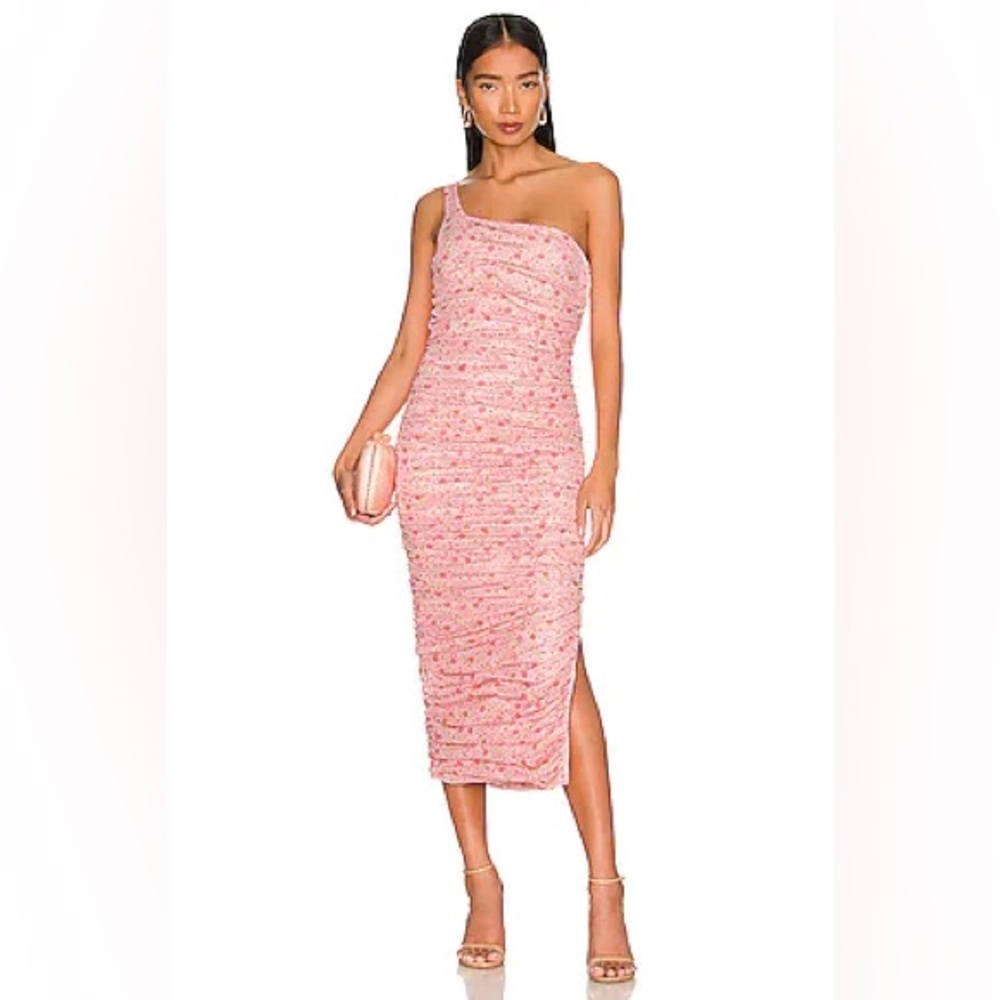 Likely Tash Midi Floral One Shoulder Bodycon Pink Dress